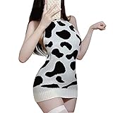 SINROYEE Womens Anime Sweater Japanese Turtleneck Knitted Dress Backless Pullover Sleeveless Vest Cow Spots Virgin Killer (White Cow)