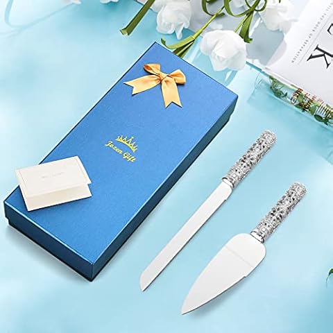 Jozen Gift Wedding Cake Knife and Server Set - 2 Piece Dessert Set Metal Handle with Crystal Stones Decoration for Wedding, Anniversary Party Birthday Banquets and Gifts for Bride and Groom Cover