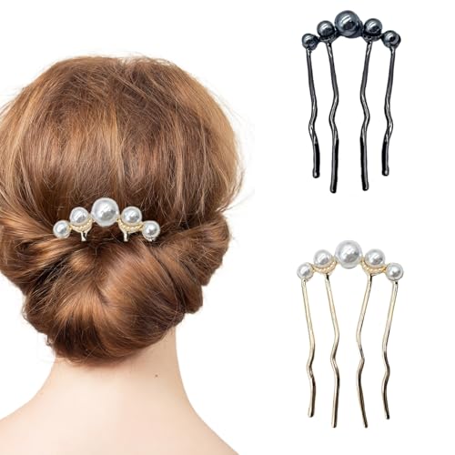 LUMOOM 2 horquillas de perlas en forma de U, peinetas para el pelo, peine lateral para cabello de novia, accesorios para el pelo, para mujeres y niñas, bodas y fiestas (negro + dorado)