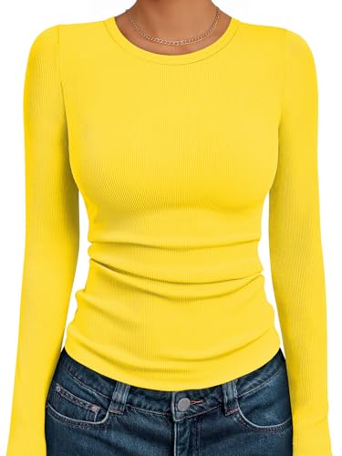 AUTOMET Women's Ribbed Long Sleeve Basic Top - Soft Stretch Crewneck Shirt for Work & Casual Yellow M