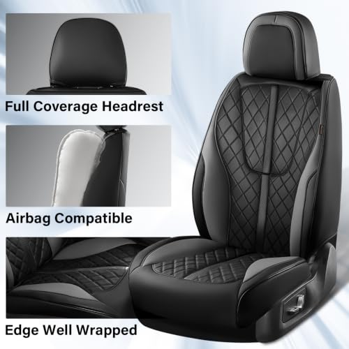 Image of Coverado Car Seat Covers Full Set, Luxury Diamond-Pattern Leather Seat Covers & Carbon Fiber, Waterproof Car Seat Protector, 5 Seats Automotive Seat Covers Universal Fit for Most Cars, BlackGray