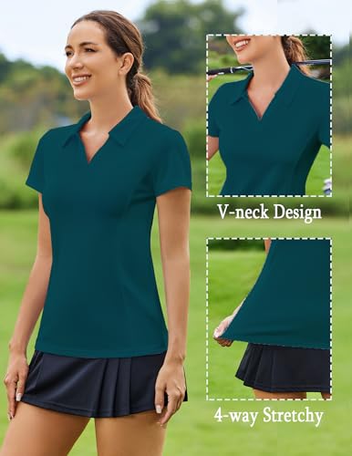 Image of PINSPARK Womens Golf Shirt Short Sleeve Polo V-Neck Quick Dry Tennis Tops | Moisture-wicking Breathable Fabric, Classic Collar, Slim Fit, Ideal for Golf Tennis Pickleball Casual