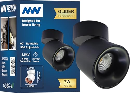 Image of NW 7W Glider SF Moveable Black with Black Aluminium 360 Degree Adjustable Cylindrical Shape LED Surface Light | COB Light | Wall Light | Spot Light | Light Color- Natural White (Pack of 1)