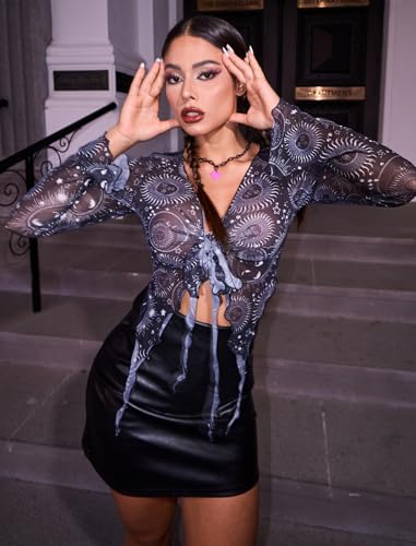 Image of Avidlove Women Mesh Crop Top Y2K Tie Front Tops Rave Top Sheer Cardigan Sexy V Neck Outfits S-2XL