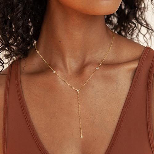 lariat necklace for womendainty gold long necklaces 14k gold plated cz lips bead y-shaped drop chain necklace simple gold layered necklaces for women trendy gold jewelry gifts for women