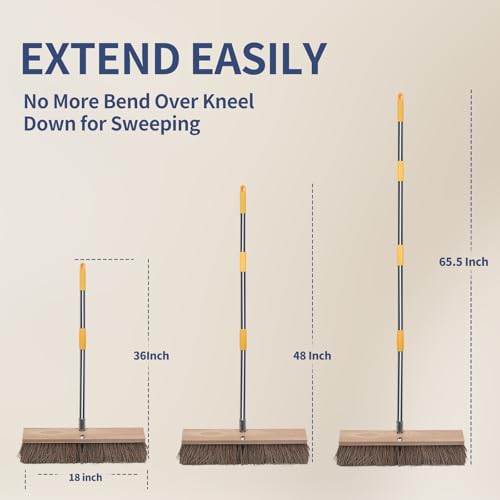 NICOFPHY 18" Push Broom Outdoor Heavy Duty - 65" Long Handle Large Wide Shop Broom, Commercial Stiff Palmyra Bristle Outside Broom Brush for Sweeping Concrete Floor, Garage, Patio, Shop, Yard, Lawn - Image 5
