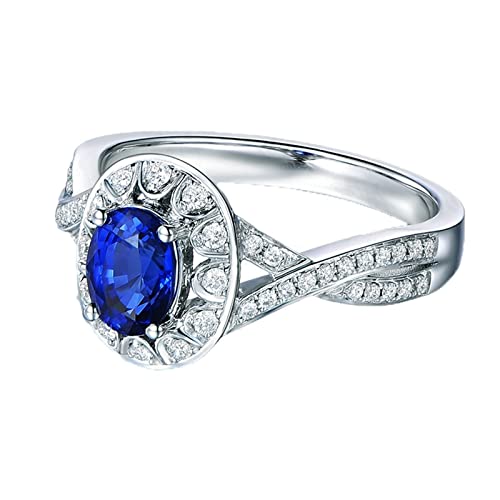 AMDXD Anillo de diamante para mujer Au750, oro blanco, zafiro azul de 1,18 quilates, anillo de compromiso, anillo de boda, anillos clásicos con diamante, Oro blanco de 18 quilates (750), Zafiro