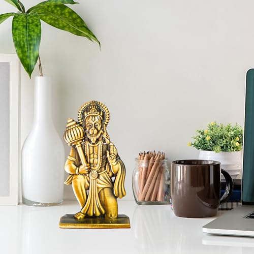 Image of Unique Double Sided Design Seating Hanumanji Blessing Idol with 10 cm Height for Car Dashboard,Mandir,Desk,Home Decor | Divine Hanuman Murti for Gifting| (Golden) (Pack of 01)