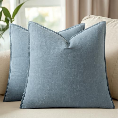 Image of 26x26 Inch Set of 2 Decorative Linen Solid Throw Pillow Covers Boho Accent Farmhouse Couch Pillowcases Modern Netural Euro Home Decor for Couch Sofa Living Room Bed,Coastal Blue