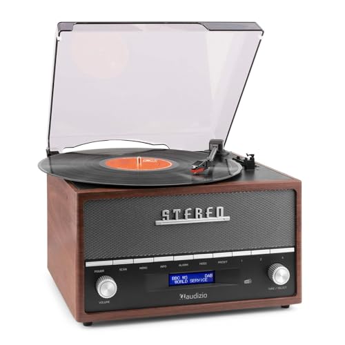 Audizio Frisco Retro Vinyl Record Player with Built-In Speakers, DAB+ Digital & FM Radio, Bluetooth Streaming, USB Playback, AUX Input & Alarm Clock, Vintage Wooden Finish