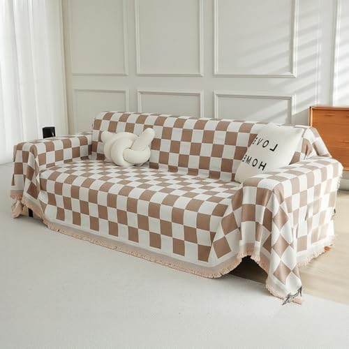 Image of The Furnishing Tree 3 Seater Reversible Chenille Sofa Cover, Double-Sided Luxury Throw, Anti-Slip Couch Cover, Soft & Comfortable Sofa Towel for All Seasons, Checkered Aesthetic