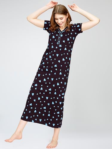 Image of ZEYO Women's Cotton Heart Printed Maxi Long Nighty for Women Stylish 5830