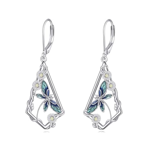 Image of Dragonfly Earrings Sterling Silver Daisy Flower Dragonfly Leverback Earrings Dangle Drop Jewellry Birthday Gifts for Women