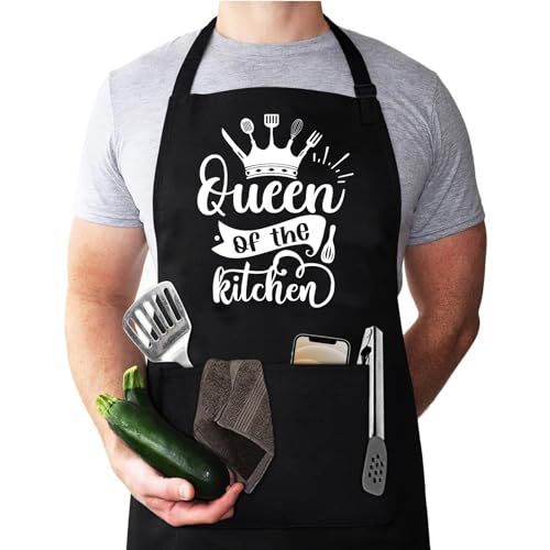 Funny Kitchen Apon,Black Chef Apron with Adjustable Neck Straps,Queen of the Kitchen BBQ Cooking Apron Funny Cooking Chef Aprons with Pockets Kitchen Work Aprons