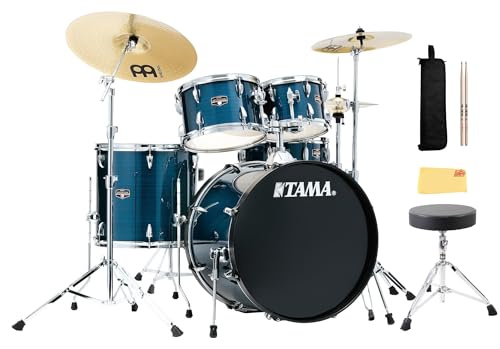 Tama IE52C Imperialstar 5-Piece Drum Kit - Hairline Blue Bundle with Drum Throne, Drumsticks, Drumstick Bag and Austin Bazaar Polishing Cloth