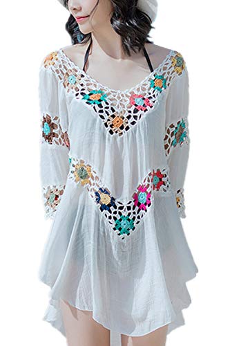 L-Peach Túnica V-Escote Bordado Floral Pareo para Bikini Cover Up de Playa Verano Beach Talla única Beige