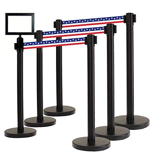 VIP Crowd Control Retractable Belt Stanchion Queue Safety Barrier Set, 36" Ht, 78" Belt + Wall Bracket (6 Posts Patriot Belt + SFrame + WBracket)