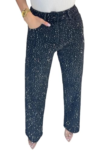 LETSVDO Women's Rhinestone Jeans Baggy High Waisted Y2k Straight Wide Leg Sparkly Glitter Bling Denim Pants Trousers Black