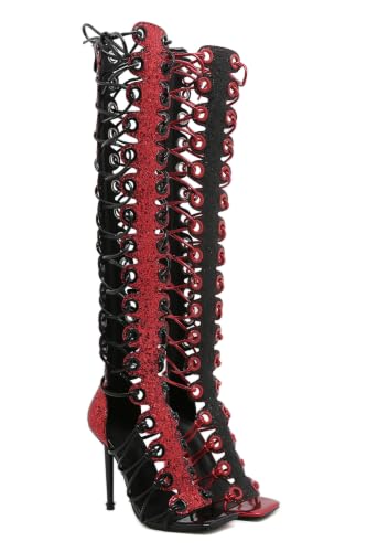 Image of STUPMARY Women Peep Toe Sandals Cut-outs Cross-tied Lace Up High Heeled Gladiator Sandals Zipper Over The Knee Bootie Summer