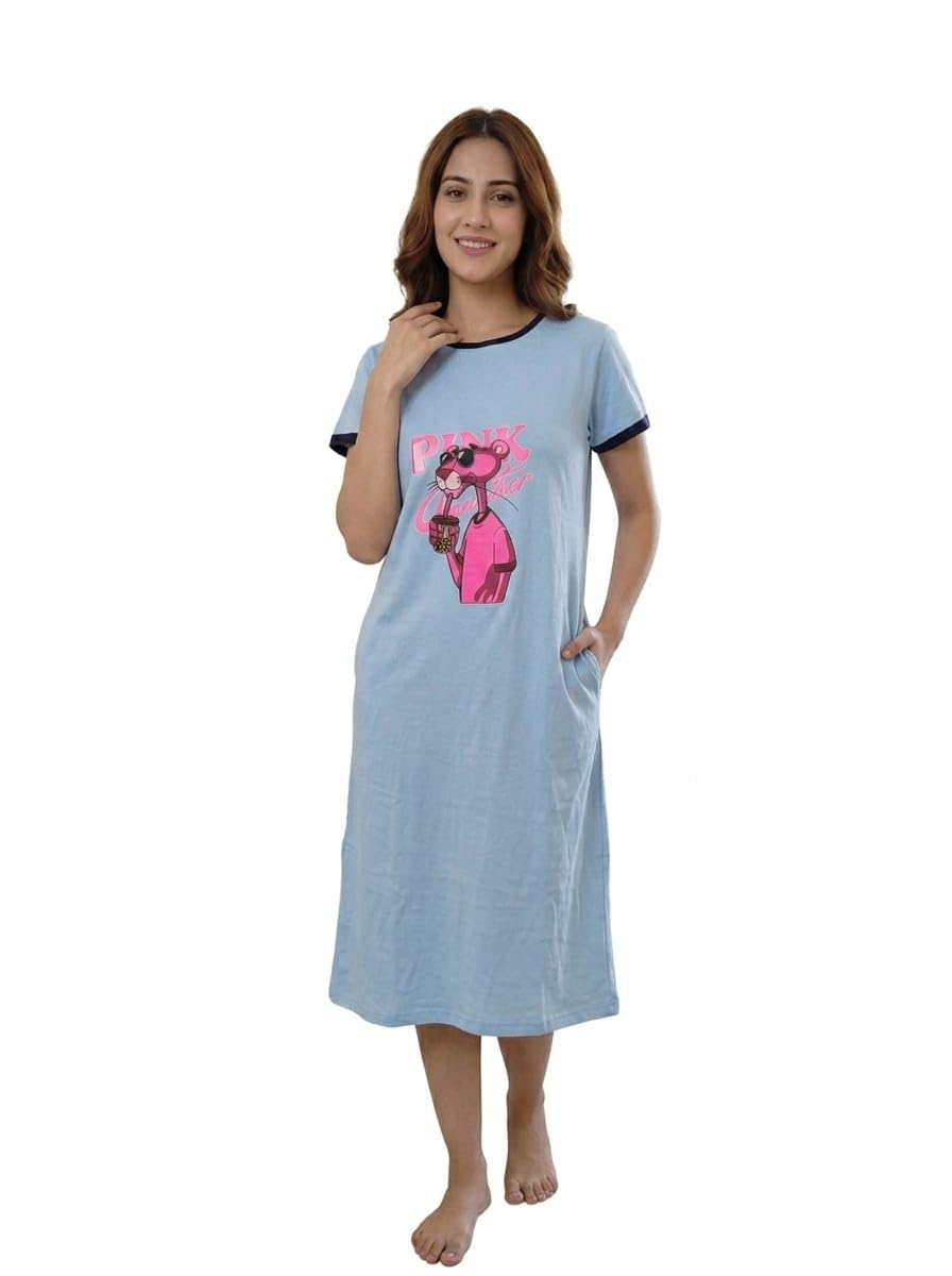 banani Women's Pink Panther Print Nightdress, Sky Blue, Short Sleeve-picture-30
