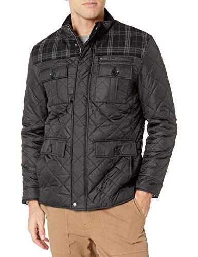 Cole Haan Signature Men's Plaid Wool Mixed Media Multi Pocket Jacket, Black, Large