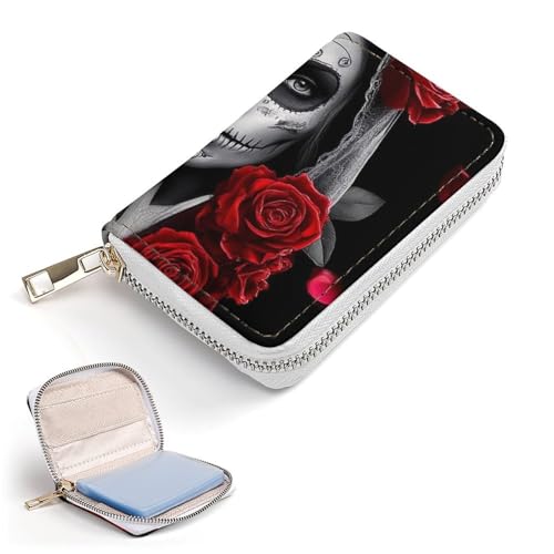 Men Women Credit Card Wallet with 20 Slots, Pu Leather Card Holder Organizer Bag Red Rose Mexican Sugar Skull Women Day of The Dead Art Zipper Slim Wallet2