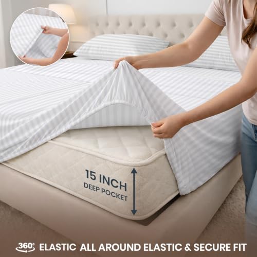 Image of SGI Split King Sheet Set for Adjustable Bed Egyptian Premium Cotton 600 Thread Count Sheets for Sleep Number Bed 15 inch Deep Pocket 5 Pc Set with 2 Twin XL Fitted Sheets Soft Breathable -White Stripe