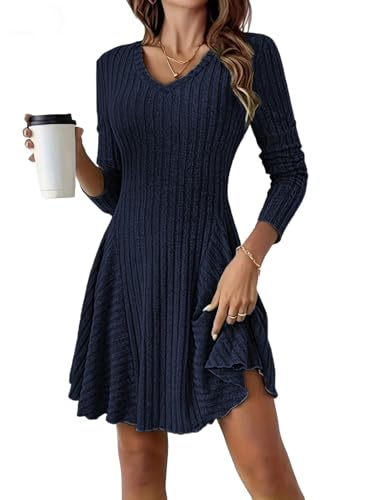 Mujer Elegante Vestido de Punto Acanalado de Manga Larga con Volantes