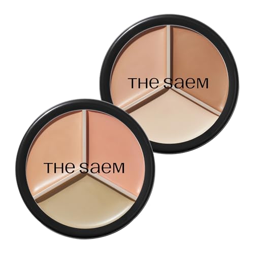 Image of THESAEM Cover Perfection Triple Pot Concealer 2-Pack Set - 01 Correct Beige & 02 Contour Beige Bundle - 6-Color Multi Concealer Palette Kit - Korean Makeup with Sweet Almond Oil for Complete Coverage