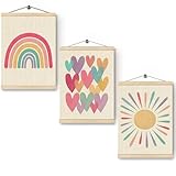 HKTZM Boho Nursery Wall Decor, Pastel Rainbow Love Sunshine Wall Art With Wooden Poster Hanger, Boho Nursery Wall Art for Kids Girls Room Nursery Toddler Bedroom, 12x16 Inch Set of 3