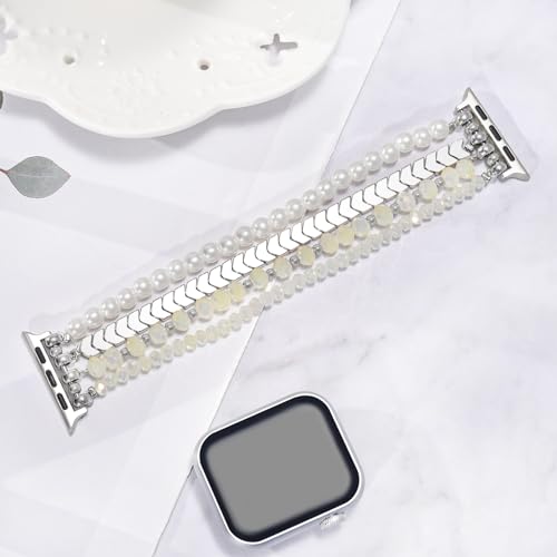 Image of MOFREE Beaded Bracelet Compatible with Apple Watch Band 38mm /40mm /41mm /42mm, Fashion Elastic Stretch Women Bands for iWatch Series 11 /10 /9 /8 /7 /SE /6 /5 /4 /3 /2 /1 iPhone Watch Strap Bands (White /Yellow)