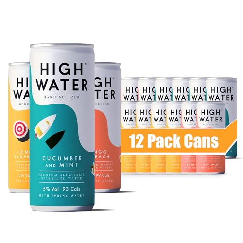 High Water Hard Seltzer Mixed Pack 12 x 250ml Cans | Mango & Peach Lemon & Elderflower Cucumber & Mint | Premium Alcoholic Water | 5% ABV | 93-99 Calories per can Vegan Gluten-Free | Made in UK