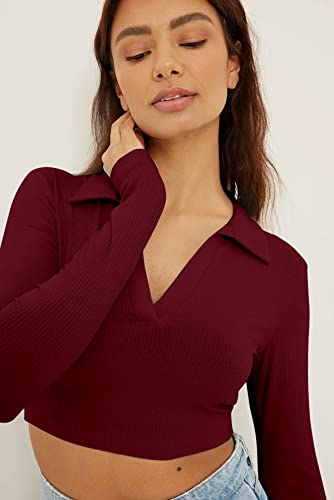 Image of AUSK Women's Regular Fit Crop top Full Sleeves Polo Neck