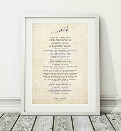 The Cure - Friday I'm In Love - Affiche artistique avec paroles de chanson (sans cadre) - Tailles A4 (29,7 x 21 cm) et A3 (42 x 29,7 cm) (A4)