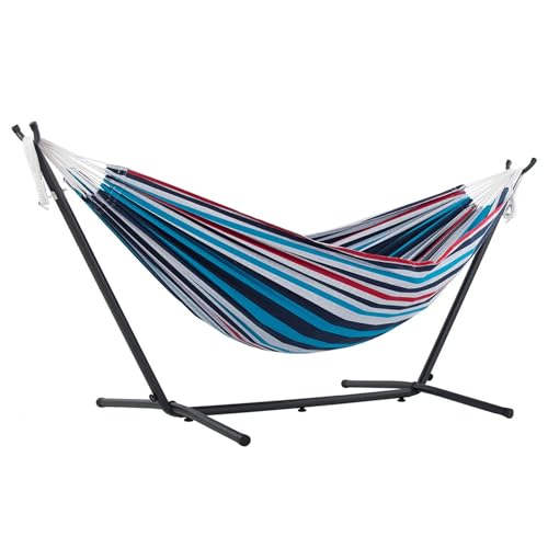 Vivere Double Cotton Hammock with Space Saving Steel Stand, Upgraded Polyester End Strings 450 lb...