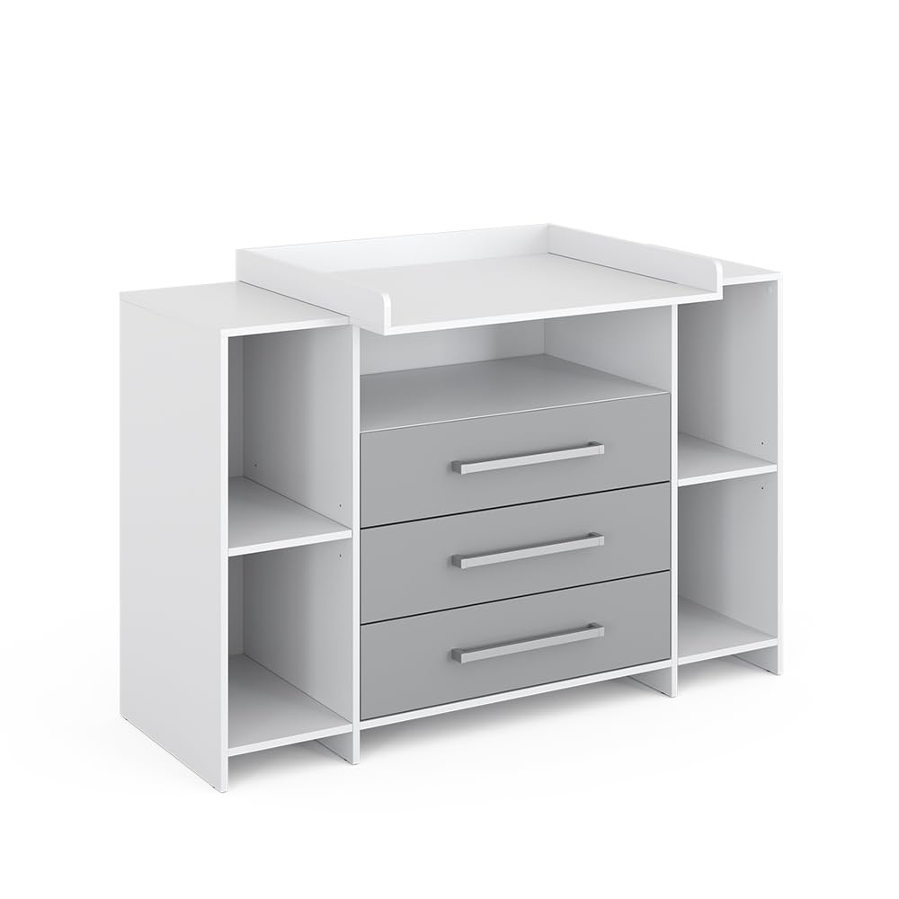 Vicco Cómoda Cambiador Oskar, Blanco/Gris, 143 x 100 cm XL con cajones, Apto como Cambiador con Zona de Almacenamiento Ampliable