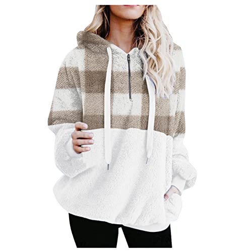 Mujer Plaid Impreso Lana Artificial Manga Larga Casual Color Sólido Cremallera Suéter Suéter Suéter Suelto Conejo Lindo Con Capucha Gruesa Blusa Sudadera Con Bolsillos Abrigo Mi (White, XXXL)