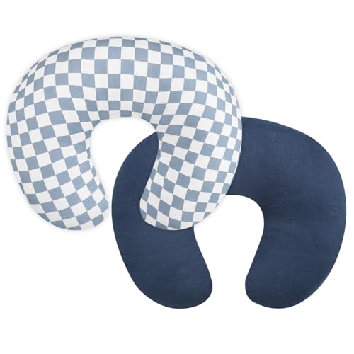 DILIMI Muslin Nursing Pillow Cover 2 Pack, Removable Nursing Cover for Breastfeeding Pillows, Ultra Soft Comfortable Slipcover for Baby Girl and Boy, Navy & Blue Checkered