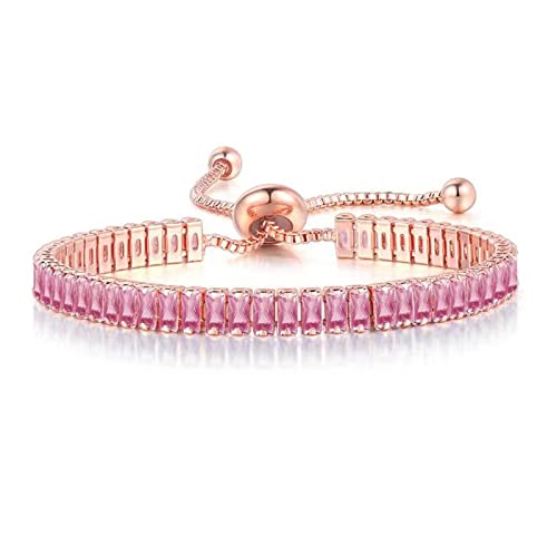 Rose gold inlaid pink diamond tennis bracelet with adjustable sliding buckle for women's Bling bracelet