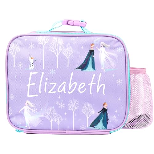Disney Frozen Personalised Kids Lunch Bag - Thermal Insulated with mesh Drinks Holder - School and Snacks Bag for Girls - Purple
