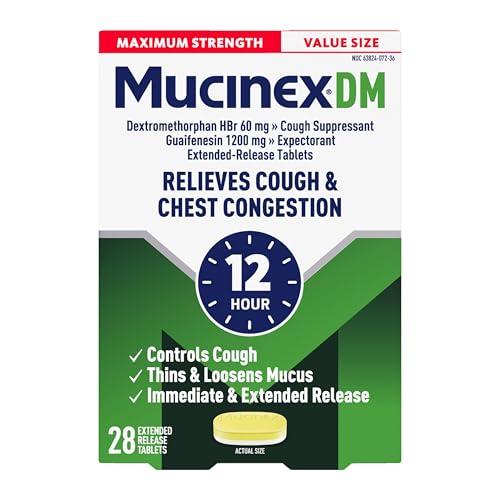 Mucinex DM 12Hr Maximum Strength Chest Congestion & Cough Medicine for Adults, Cold and Cough Medicine for Excess Mucus Relief, 1200 mg Guaifenesin & 60 mg Dextromethorphan HBr, 28 Bi-Layer Tablets - image 1
