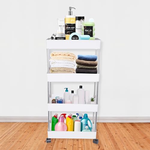 Image of Multipurpose 4-Tier Storage Shelf, Storage Rack with Wheels, Storage Organizer Cart for Kitchen, Pantry Closet, Bedroom, Bathroom(4 Layer, White)