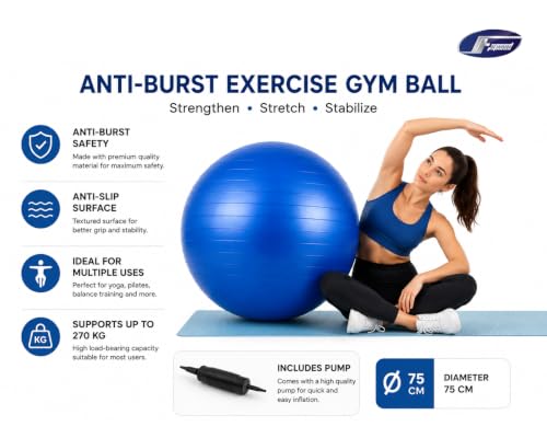 Image of Anti-Burst Exercise Gym Ball 75cm with Pump | Anti-Slip Swiss Ball for Yoga, Pilates, Pregnancy, Stability, Core Workout & Home Gym | Supports Up to 270kg