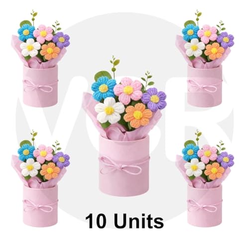 Image of VCR Handmade Mix Crochet Bouquet- Pack of 10 - Hand Woven Knitted Artificial Hand Knitted Bouquet Flower for Office Desk, Table, Car, Bedroom, Wedding & Special Occasions