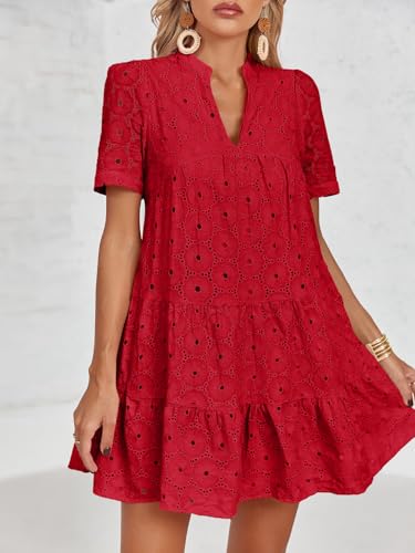 Image of Imily Bela Womens Summer Lace Dresses Eyelet Casual Flowy Babydoll Swing Short Sleeve V Neck Tunic Dress