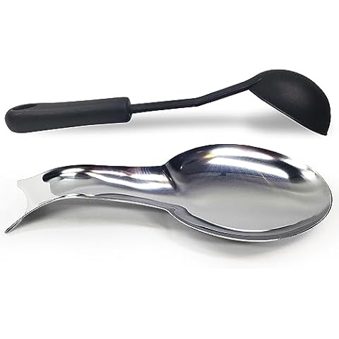 Stainless Steel Spoon Rest – Kitchen Discovery – Oversized Spoon and Spatula Holder for Kitchen Counter – Sleek, Modern Design Keeps Counter and Stovetop Free of Messy Drips Cover