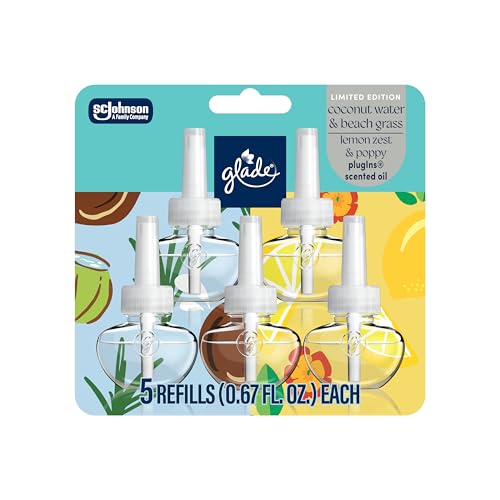 Glade PlugIns Refills Air Freshener, Coconut Water & Beach Grass and Lemon Zest & Poppy, Scented and Essential Oils for Home and Bathroom, 0.67 Fl Oz, 5 Count