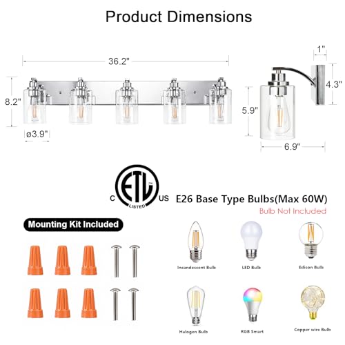 Image of 5-Light Bathroom Light Fixtures Modern Chrome Vanity Lights | Easy to Install Clear Glass Shades, Wall Mount Up or Down, E26 Socket, Hardwired, 128V