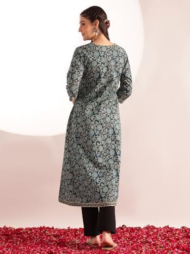 Image of Vbuyz Cotton Floral Printed A-Line Mirror Work Kurta for Women