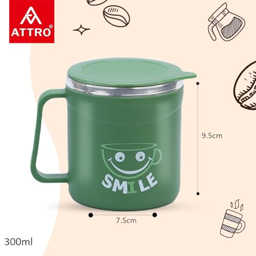 Image of ATTRO Happy Mug Set of 4-Comes with Double Wall Inner Stainless Still & Lid Stylish Cup Ideal for Hot Coffee, Tea - 300ml-Olive Green